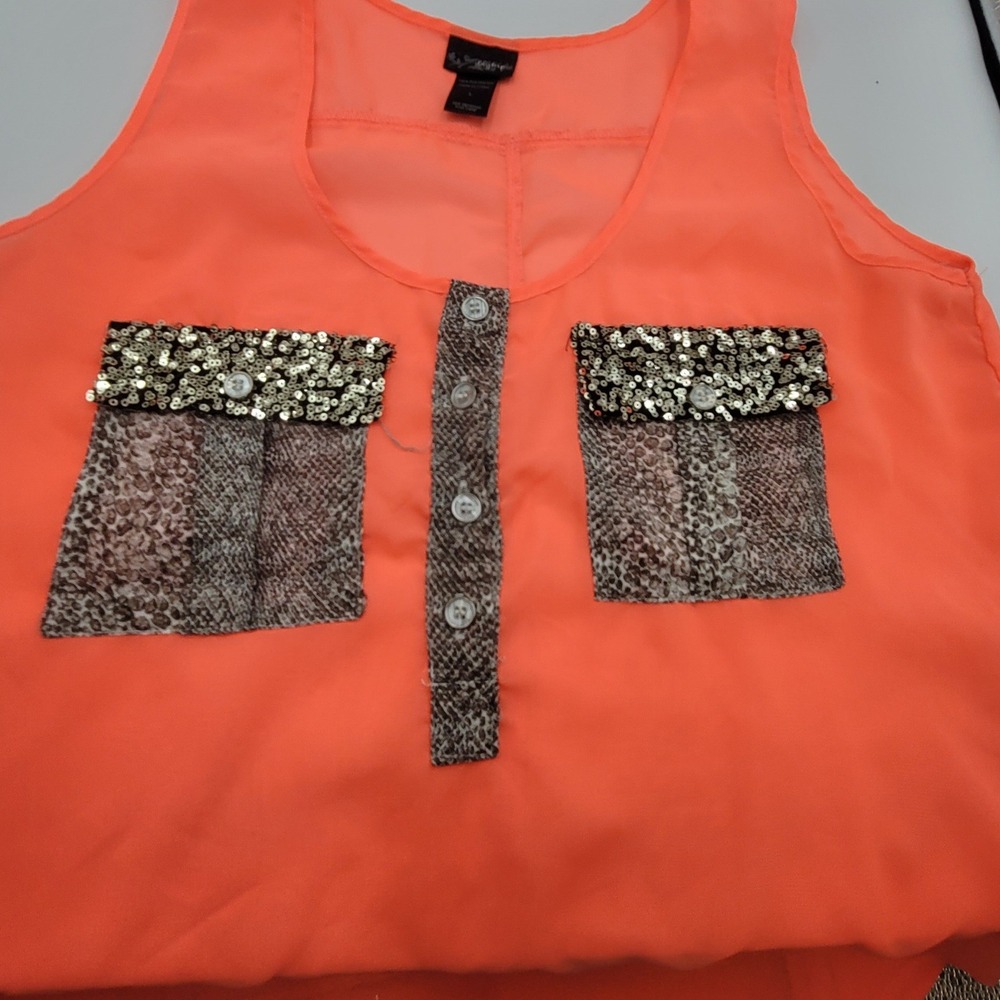 Lily Rose Neon Orange Snakeskin Sequin Pocket Sheer Lightweight Tank Womens L